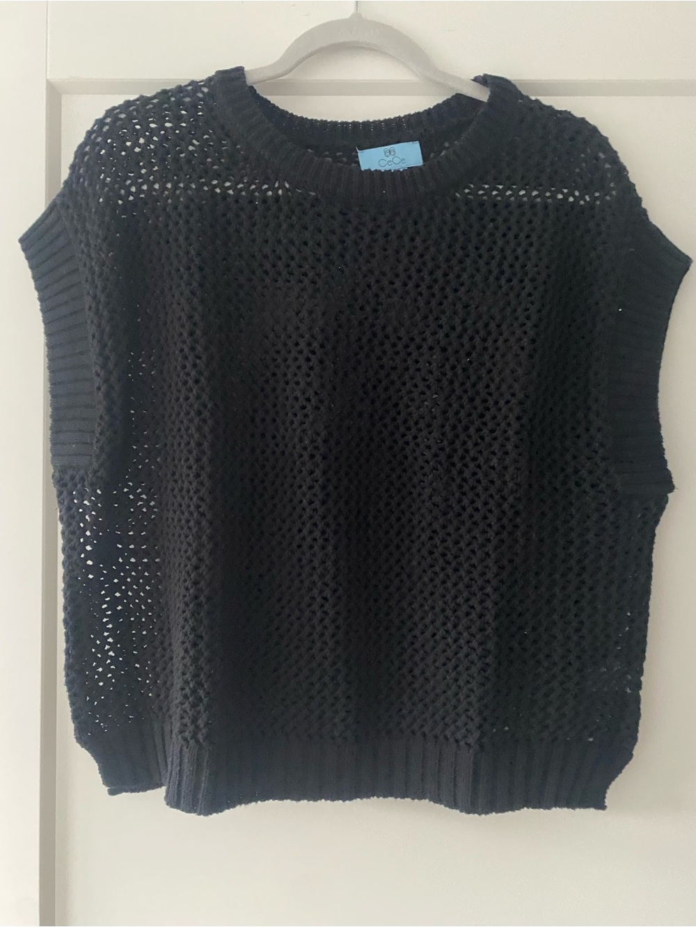 CeCe Black Open-Knit Boxy Sweater Vest